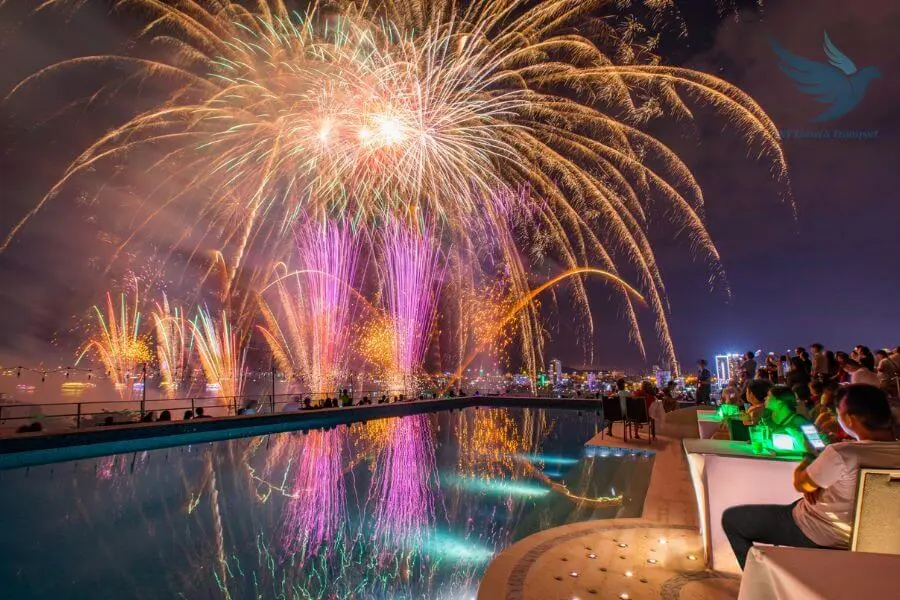 Watching the firework display from a rooftop hotel